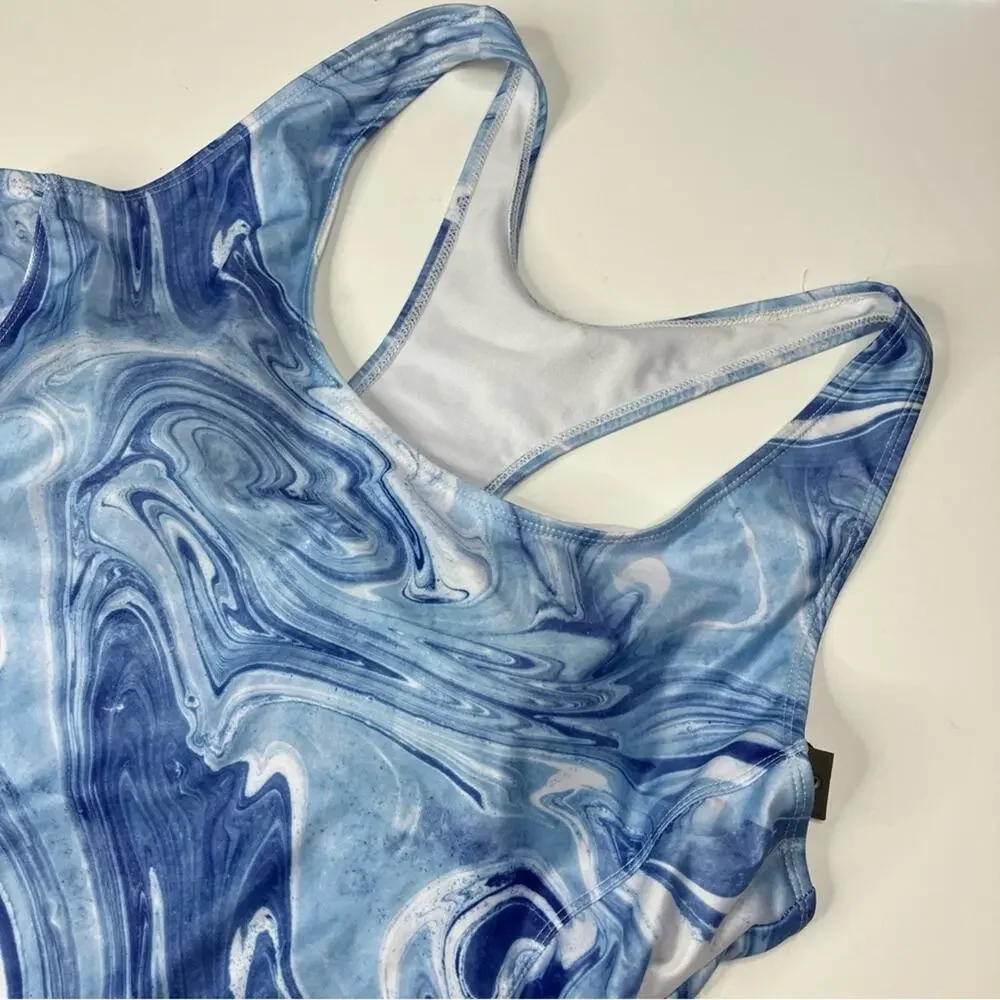 Nicole Miller Blue Tropic Swirl Print One Piece Racerback Swimsuit NWT Womens 3X